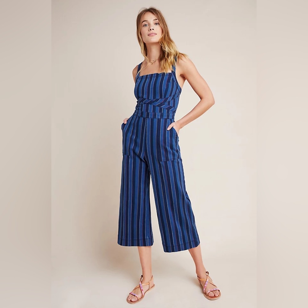Anthropologie Denim Striped Jumpsuit Size 12